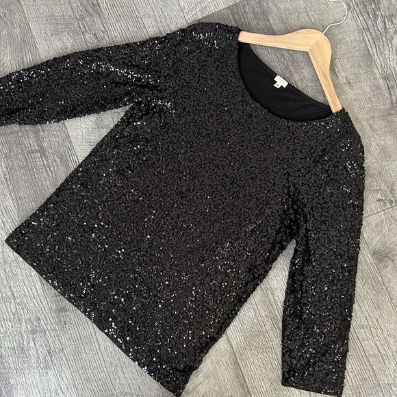 J. Crew black cotton with sequins 3/4 sleeves top Sz Medium - Picture 10 of 10